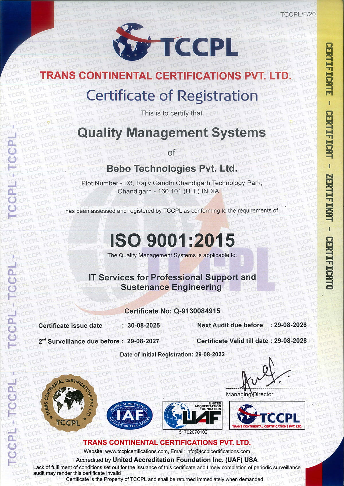 TCCPL ISO 9001:2015 Quality Management Systems Certificate - bebo Technologies Pvt. Ltd. TCCPL ISO 9001:2015 Quality Management Systems Certificate