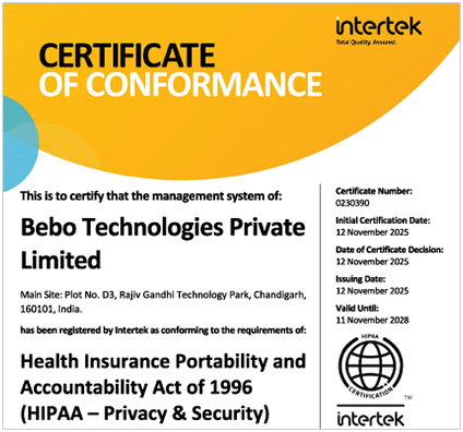 HIPAA Privacy and Security Certificate of Conformance 2025 - bebo Technologies HIPAA Privacy and Security Certificate of Conformance 2025
